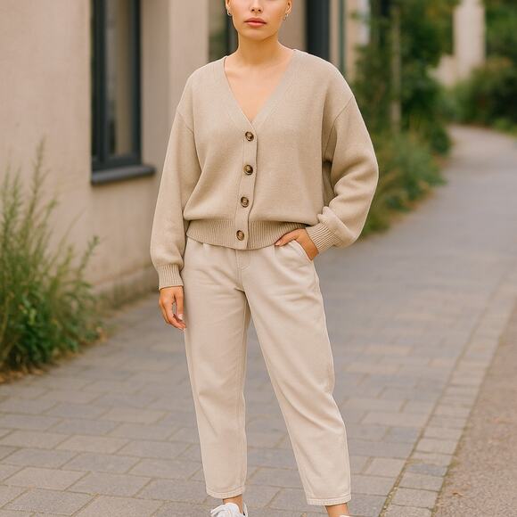 Forever 21 Womens Cardigan Sweater Size S V-Neck Drop Shoulder Beige Long Sleeve - Picture 3 of 10